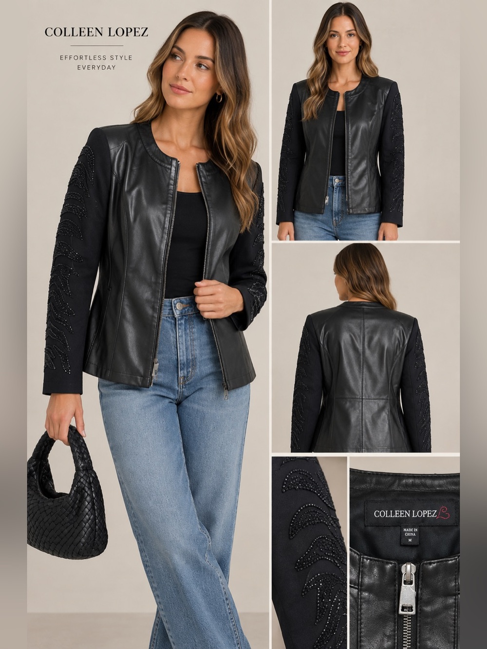 Colleen Lopez Faux Leather Jacket w/ Sleeve Beaded Detailing | Size Medium, New